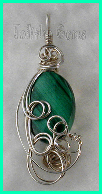 Malachite wrapped in sterling silver wire